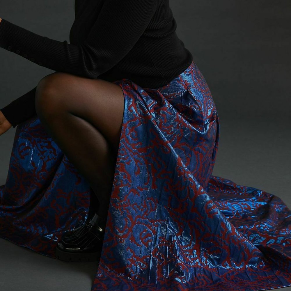 Anthropologie Maeve 4 NWT Pleated Shimmer Maxi Skirt Cocktail Metallic Blue - Picture 2 of 10
